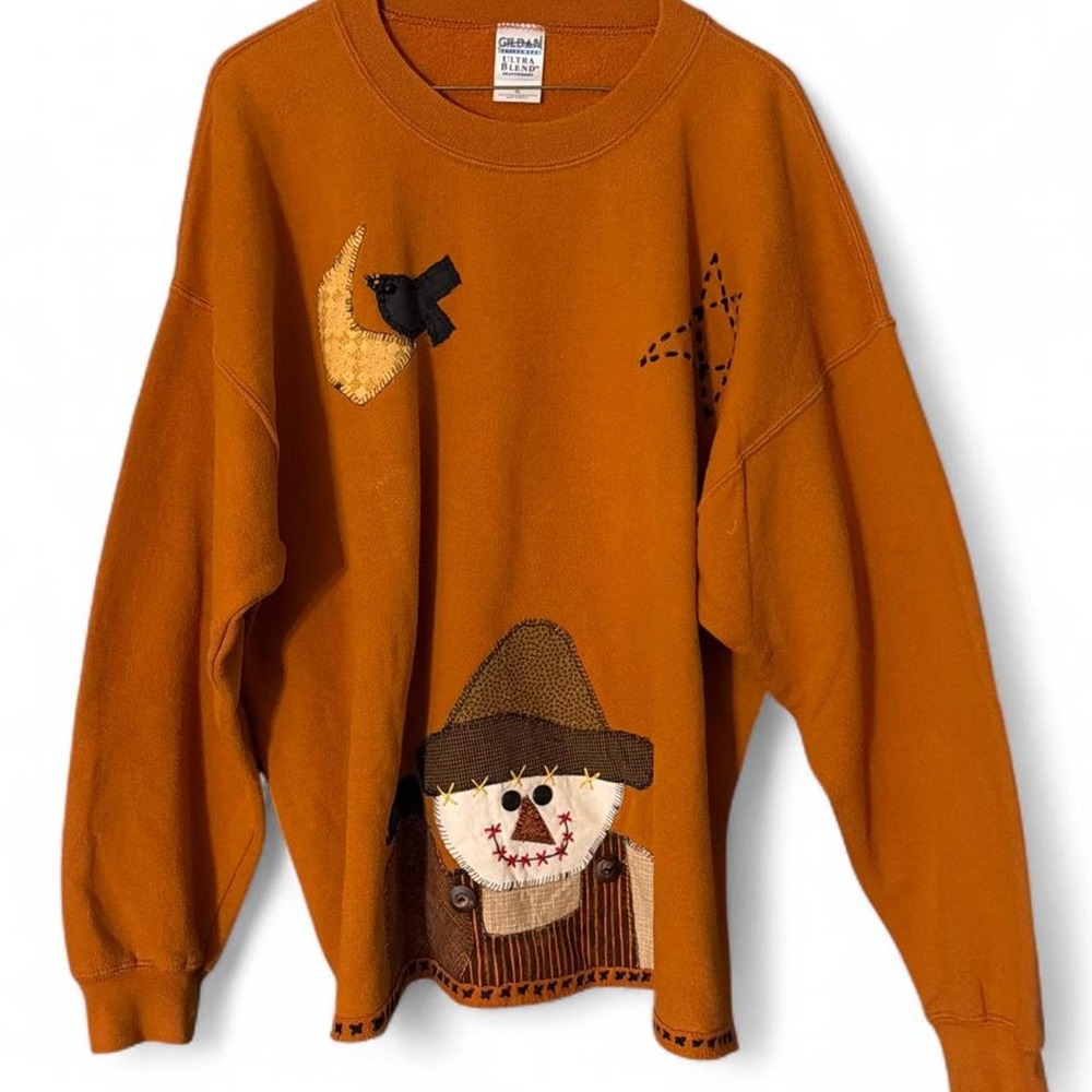 Vintage 90s Gildan Orange Halloween Scarecrow Crewneck Sweatshirt XL